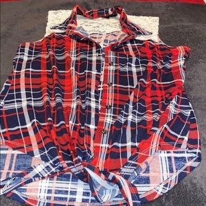 Plaid Shirt with lace on shoulders 1X